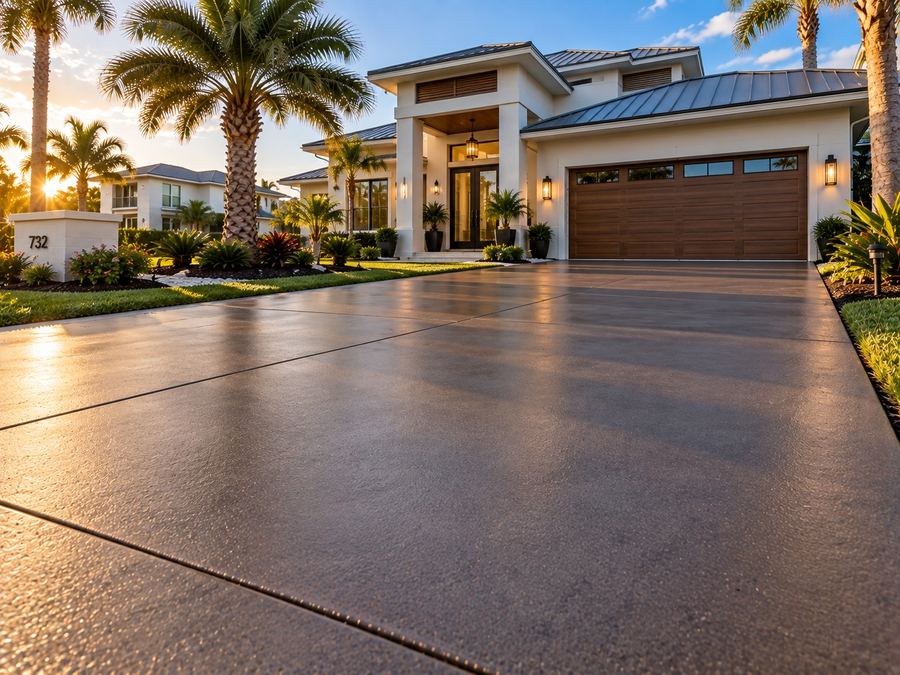 Freshly sealed concrete driveway