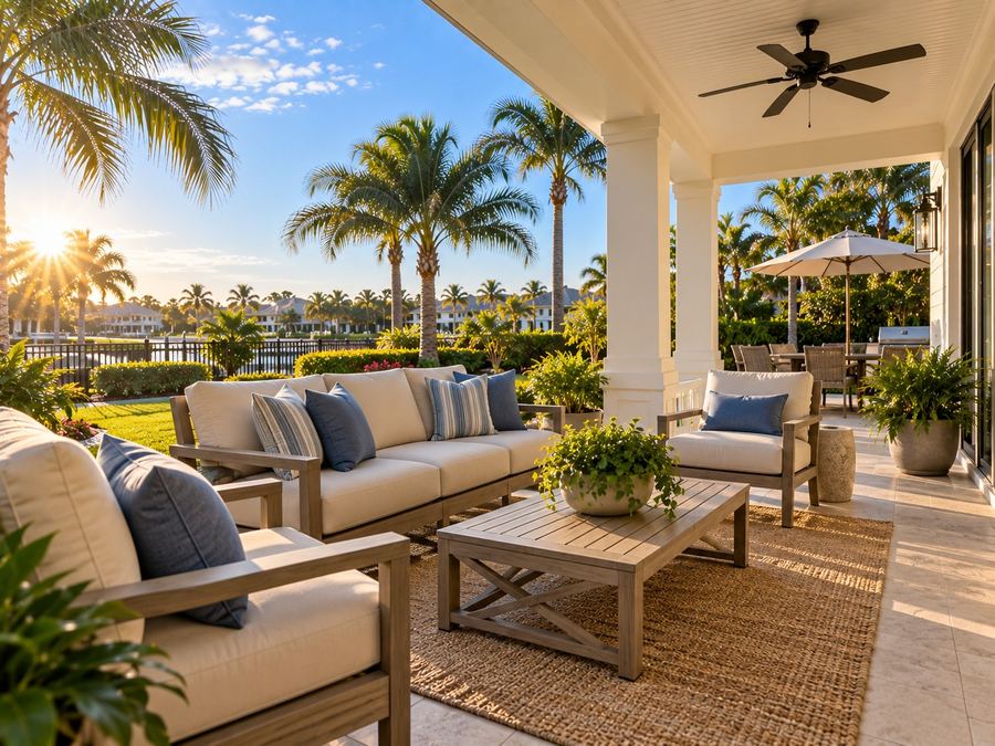Patio furniture moved aside for cleaning access